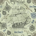 Seamless background with nautical elements, old vessel, compass, gulls Royalty Free Stock Photo