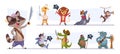 Pirate animals. Cute funny cartoon sailors animals in pirate costumes with weapons exact vector pictures set isolated