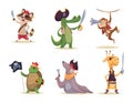 Pirate animals. Wild animals in action poses with pirate attributes clothes and weapons exact vector colored cute illustrations