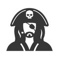 Pirate avatar bold black silhouette icon isolated on white. Man one-eyed, buccaneer pictogram.