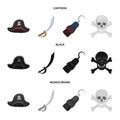 Pirate, bandit, cap, hook .Pirates set collection icons in cartoon,black,monochrome style vector symbol stock