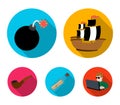 Pirate, bandit, ship, sail .Pirates set collection icons in flat style vector symbol stock illustration web.