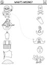 Pirate black and white matching activity with cute marine symbols. Treasure hunt puzzle with ship, chest, flag, island, bottle, Royalty Free Stock Photo