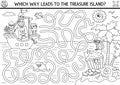 Pirate black and white maze for kids with marine landscape, ship, treasure island. Treasure hunt preschool printable activity with