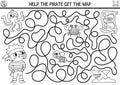 Pirate black and white maze for kids. Treasure hunt preschool printable activity with cute raider captain, octopus, rat, shark, Royalty Free Stock Photo