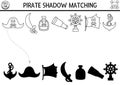 Pirate black and white shadow matching activity. Treasure island hunt line puzzle with cute hat, sable, bottle, anchor, flag. Find Royalty Free Stock Photo