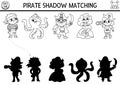 Pirate black and white shadow matching activity. Treasure island hunt line puzzle with cute pirates, mermaid, octopus. Find Royalty Free Stock Photo