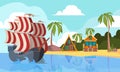 Pirate boat in ocean. Marine landscape with pirate vessel on waves near desert island vector cartoon background