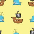 Pirate boat and whale Seamless pattern. Cute Doodles pirate sketch. Hand drawn Cartoon Vector illustration Royalty Free Stock Photo