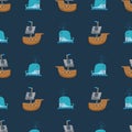 Pirate boat and whale Seamless pattern. Cute Doodles pirate sketch. Hand drawn Cartoon Vector illustration Royalty Free Stock Photo