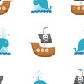 Pirate boat and whale Seamless pattern. Cute Doodles pirate sketch. Hand drawn Cartoon Vector illustration Royalty Free Stock Photo