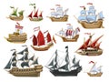 Pirate boats and Old different Wooden Ships with Fluttering Flags Vector Set Old shipping sails traditional vessel Royalty Free Stock Photo