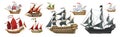 Pirate boats and Old different Wooden Ships with Fluttering Flags Vector Set Old shipping sails traditional vessel
