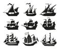 Pirate boats and Old different Wooden Ships with Fluttering Flags. Vector Set Old shipping sails traditional vessel