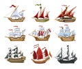 Pirate boats and Old different Wooden Ships with Fluttering Flags Vector Set Old shipping sails traditional vessel Royalty Free Stock Photo