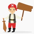 Pirate Boy Holding a Wooden Sign and Wooden Sword, Halloween Cartoon Vector Royalty Free Stock Photo