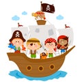 Pirate children sailing on a pirate ship in the sea. Vector illustration