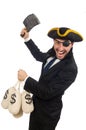 Pirate businessman holding money bags and butcher's knife isolat