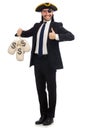 The pirate businessman holding money bags isolated on white Royalty Free Stock Photo