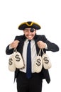 The pirate businessman holding money bags isolated on white Royalty Free Stock Photo