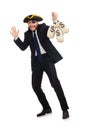 The pirate businessman holding money bags isolated on white Royalty Free Stock Photo