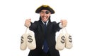 The pirate businessman holding money bags isolated on white Royalty Free Stock Photo