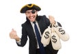 The pirate businessman holding money bags isolated on white Royalty Free Stock Photo