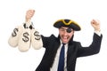 The pirate businessman holding money bags isolated on white Royalty Free Stock Photo