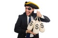 The pirate businessman holding money bags