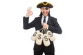 The pirate businessman holding money bags isolated on white Royalty Free Stock Photo