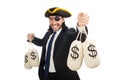 The pirate businessman holding money bags isolated on white Royalty Free Stock Photo
