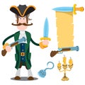 Pirate Captain. Banner from an old parchment with space for text. Various items Medieval Pirates. Drawing on themes Ganster to Royalty Free Stock Photo