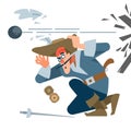 Pirate captain in battle, terrified of the enemy Cannonball roar. The character of the pirate. Vector illustration of a