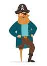 Pirate captain with a big beard and hat with skull and crossbones. Pirate with one leg and one eye. Vector character Royalty Free Stock Photo