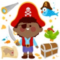 Cartoon pirate captain with sword, parrot and pirate cartoon fish. Pirate captain boy and treasure map. Vector illustration set Royalty Free Stock Photo