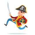 Pirate captain character running away with treasure chest cartoon design vector illustration