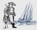 Pirate or captain man on ship traveling through the oceans and seas. Marine adventure of a sailor. hook and sailboat Royalty Free Stock Photo