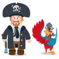 Pirate Captain and Parrot. Cartoon characters man and bird. Drawing on themes Ganster to design T-shirts, playing cards, theme par
