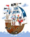 Pirate, captain and sailor sailing on ship in sea or ocean. Man with parrot, sailor with bottle and broom, monkey, boy