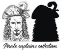 Pirate captain with scar and silhouette isolated on white