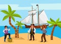 Pirate captain woman and man carries rum character bandit team found treasure chest flat vector illustration. Tropical Royalty Free Stock Photo