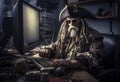 Pirate captain working at the office desk. Labor day creative background.