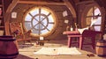 A pirate captain's cabin on a ship. Wooden room interior, a stool, barrel, bottle of rum, treasure chest, spyglass