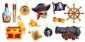 Pirate cartoon object set, vector game corsair icon kit, golden treasure chest, rum bottle, iron cannon.