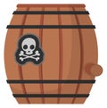 Pirate cask icon. Cartoon wooden barrel with alcohol drink