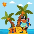 Pirate character male standing alone island, parrot bird flat vector illustration. Insular treasure chest, palm tree Royalty Free Stock Photo