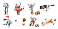 Pirate characters and objects set. Captain with parrot, sailor with bottle, monkey, boy with spyglass, digging gold