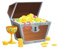 Pirate chest with golden coins and goblet. Treasure jewellery