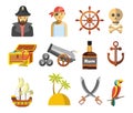 Pirate colorful symbols on white vector flat poster