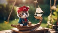 a pirate in a costume A comical kitten dressed as a little pirate, with red pirate hat mast of a cardboard ship in a backyard